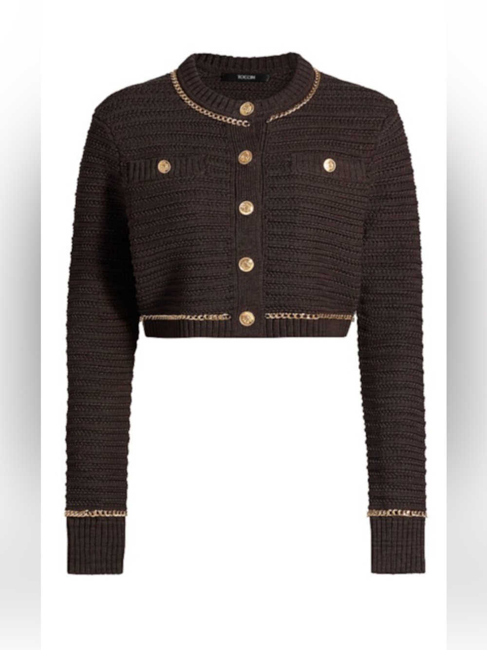Brown Cropped Knit Cardigan with Gold Chain Trim